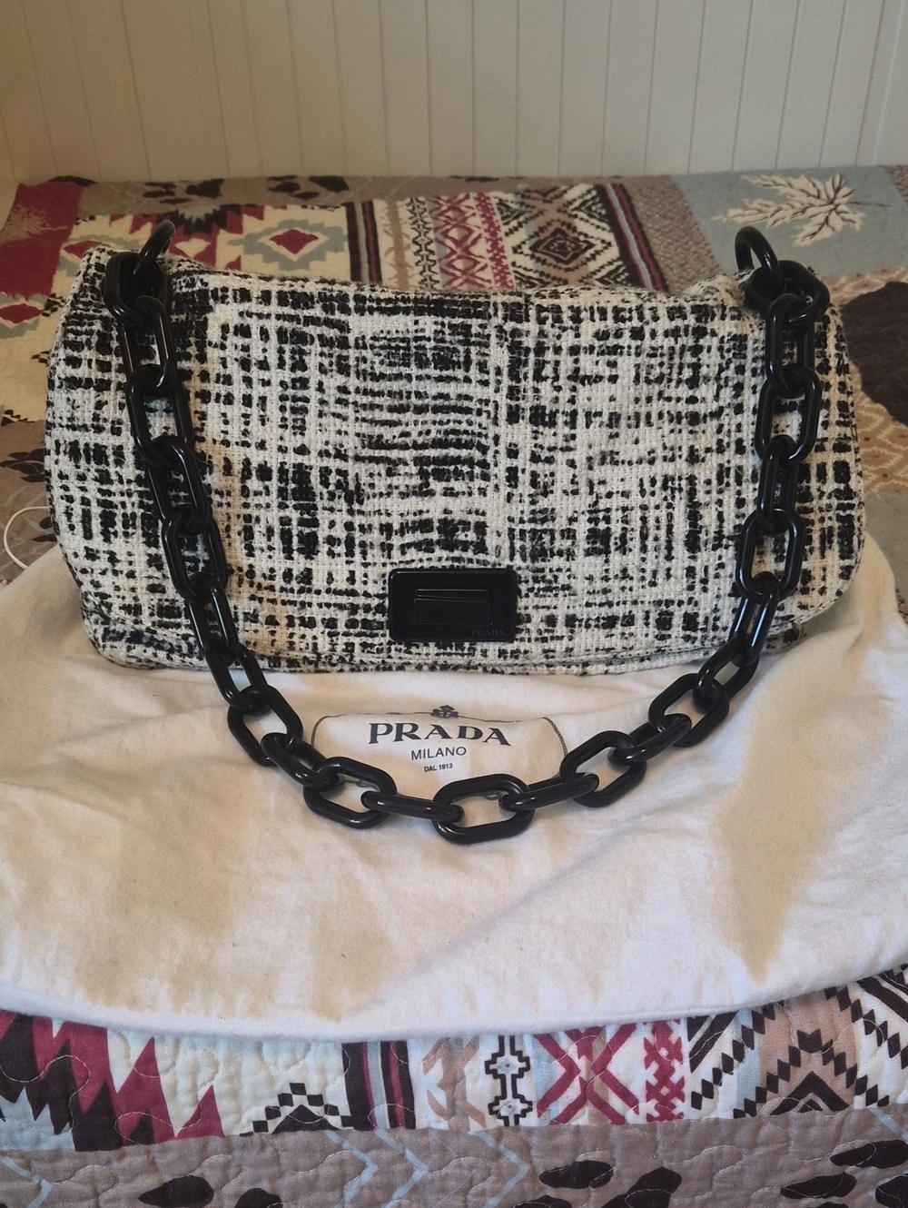 Authentic Prada Black and White Tweed Shoulder Bag with Chunky Black Chain